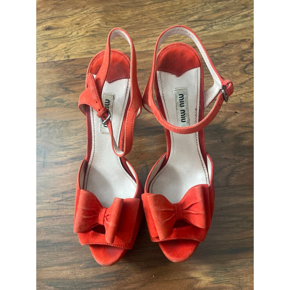 MIU MIU Flared Heel Bow Sandal Red Suede Shoes Size 37.5 US 7 7.5 PRADA Platform - Picture 3 of 7